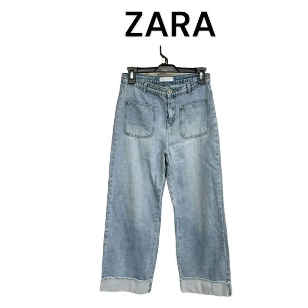 Zara Kids Mid Rise Wide Leg Rolled Hem Front Pockets Denim Jeans Blue Size 13-14